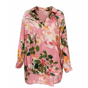 Entro Women’s Pink Floral Button Front Blouse Size S Long Sleeve Lightweight Top